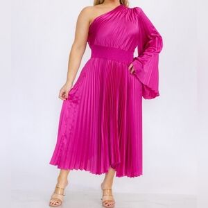 Boutique One Shoulder Long Bell Sleeve Smock Waist Pleated Midi Dress Magenta